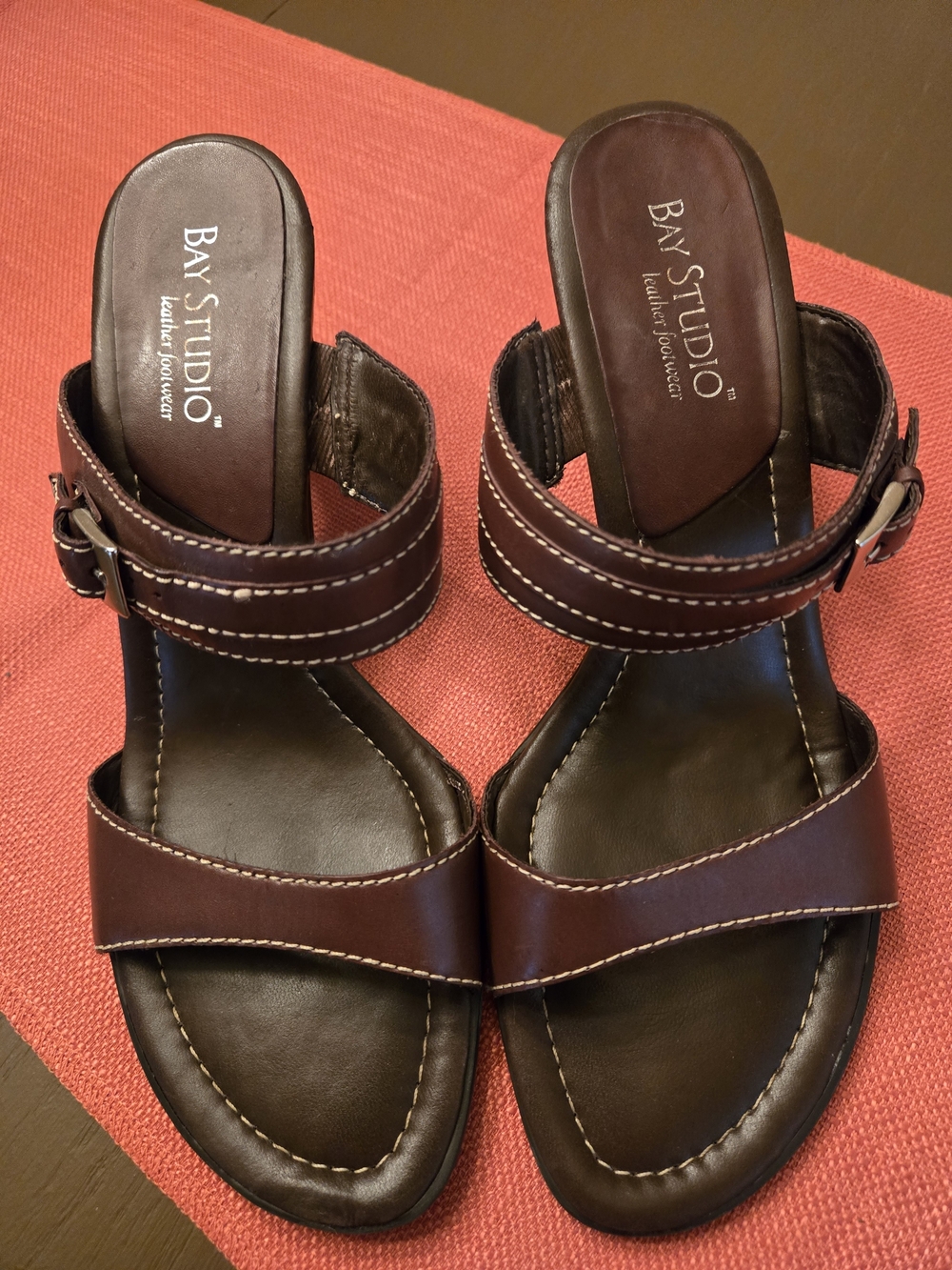 Bay Studio Dark Brown Leather Double-Strap Slide Sandals